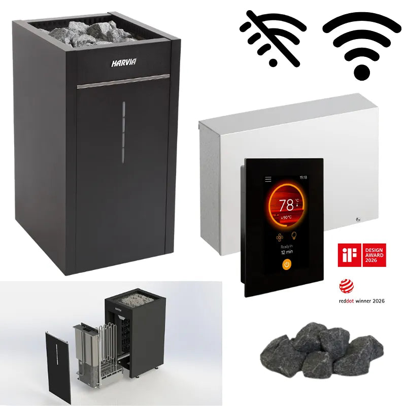 Harvia Virta Combi Saunaofen Komplettset mit schwarzem Ofen, WLAN Steuerung, Saunasteinen und Zubehör
