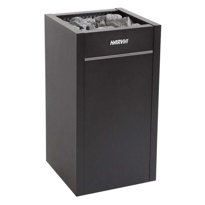 Harvia Virta Saunaofen in schwarzer Ausführung mit gefülltem Steinkorb und CX110 Steuerung, Ansicht von vorne-links