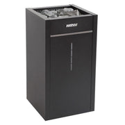 Harvia Virta Saunaofen mit integriertem Verdampfer – elegantes Design aus schwarzem Edelstahl mit sichtbarem Wasserstandsanze