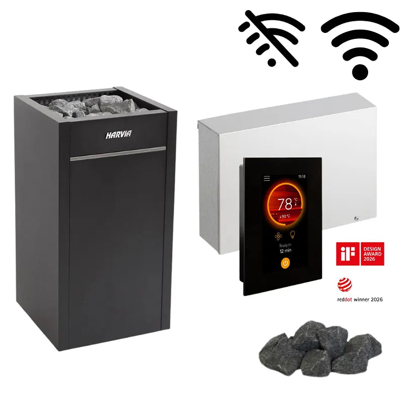 Harvia Virta Saunaofen Komplettset mit schwarzem Ofen, WLAN-Steuerung mit Display und Saunasteinen