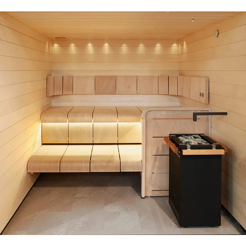 Harvia Virta Saunaofen Komplettset mit schwarzem Saunaofen und Saunasteinen in moderner Holzsauna mit Sitzbänken