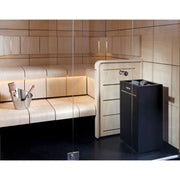 Harvia Virta Saunaofen Komplettset mit schwarzem Ofen und Saunasteinen in moderner Wellnesssauna