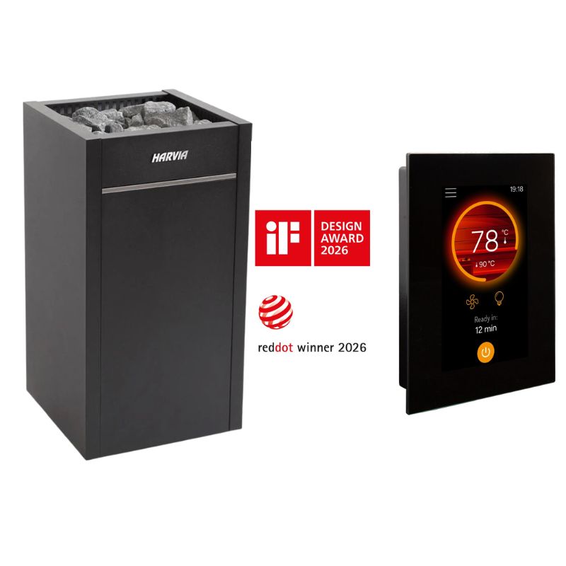 AWT E1603B Hemlock Sauna 200x180 – Harvia Virta Saunaofen mit Harvia Fenix Touch-Steuerung und Saunasteinen