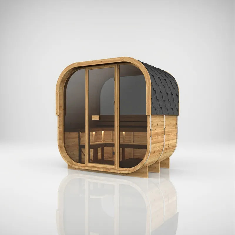 Hekla Cube 160/210/250 Gartensauna mit Holzrahmen, großem Fenster und schwarzem Dach für 2-6 Personen