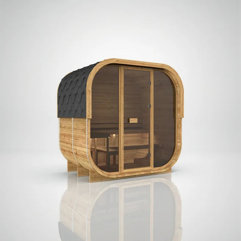 Hekla Cube 160/210/250 Gartensauna mit Holzverkleidung, schwarzem Dach und großem Glasfenster für 2-6 Personen
