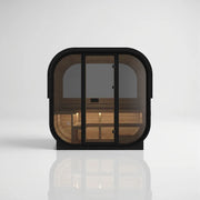 Hekla Cube 160/210/250 Gartensauna mit schwarzem Rahmen, Glastür und Holzinnenausstattung für 2-6 Personen