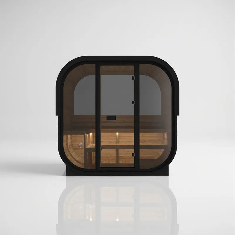 Hekla Cube 160/210/250 Gartensauna mit schwarzem Rahmen, Glastür und Holzinnenausstattung für 2-6 Personen