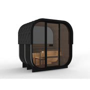 Hekla Cube 160/210/250 Gartensauna mit schwarzem Rahmen, großen Glastüren und Holzinnenausstattung für 2-6 Personen