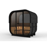 Hekla Cube 160/210/250 Gartensauna mit schwarzem Rahmen, Glastüren und Holzbank für 2-6 Personen