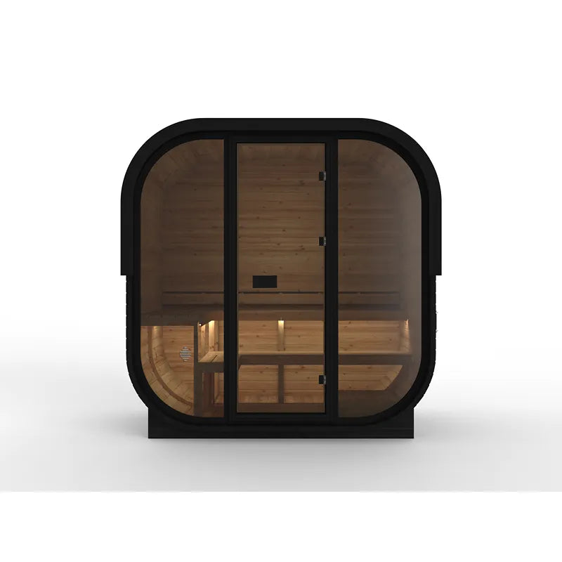 Hekla Cube 160/210/250 Gartensauna mit schwarzem Rahmen, Glastüren und Holzinterieur für 2-6 Personen
