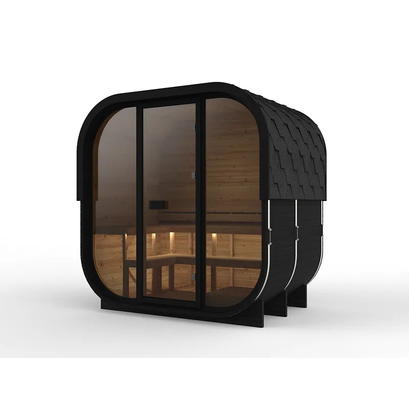 Hekla Cube 160/210/250 Gartensauna mit schwarzem Rahmen, Glastüren und Holzinnenausstattung für 2/4/6 Personen