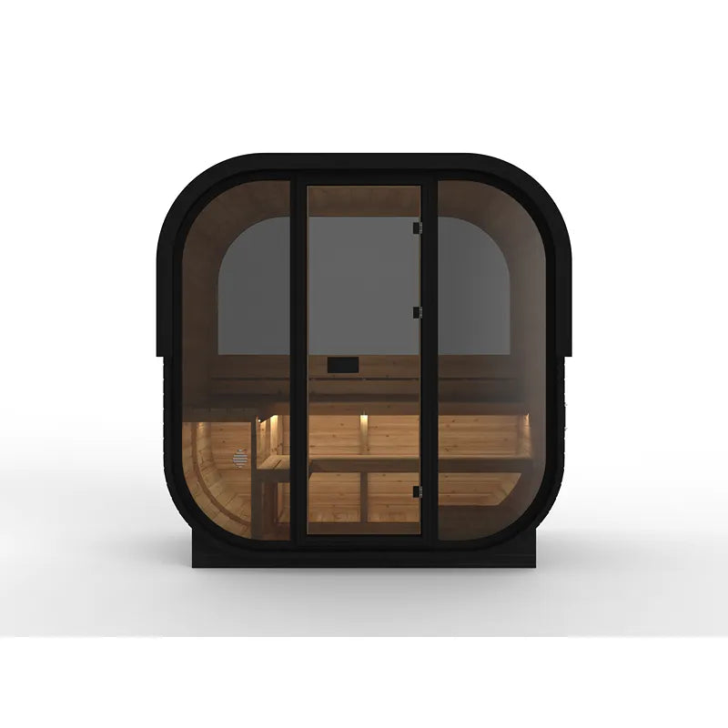 Hekla Cube 160/210/250 Gartensauna mit schwarzem Rahmen, Glastür und Holzinnenausstattung für 2-6 Personen