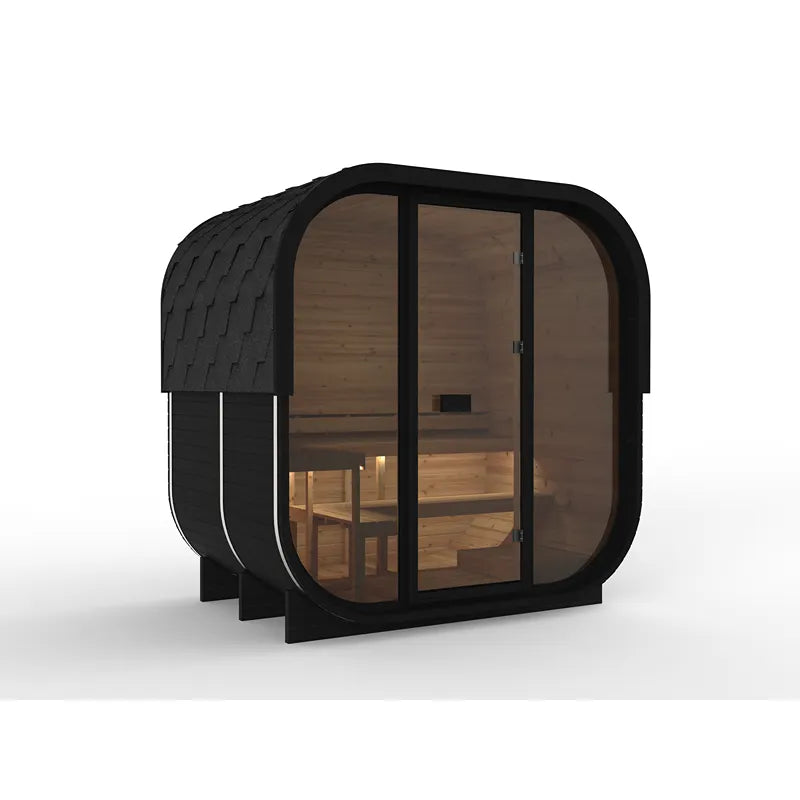 Hekla Cube 160/210/250 Gartensauna mit schwarzem Rahmen, Holzinnenausstattung und großen Glastüren für 2/4/6 Personen