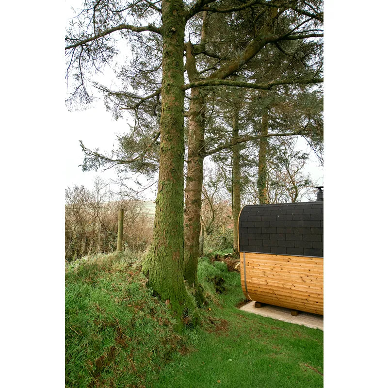 Hekla Cube 160/210/250 Gartensauna mit Holzverkleidung in naturbelassener Waldumgebung
