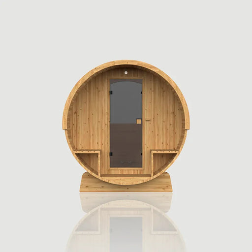 Hekla Fass 210/250 Fasssauna für 4-6 Personen mit Holzfassade und grauen Glastüren