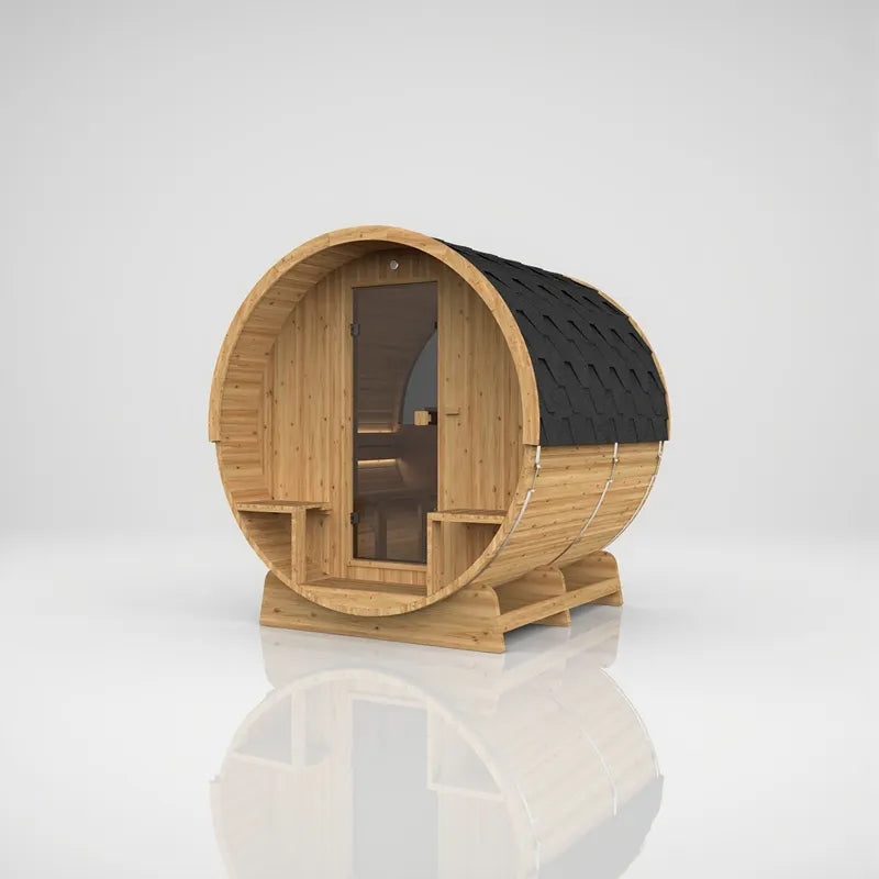 Hekla Fass 210/250 Fasssauna aus Holz für 4-6 Personen mit schwarzem Dach im Freisteller
