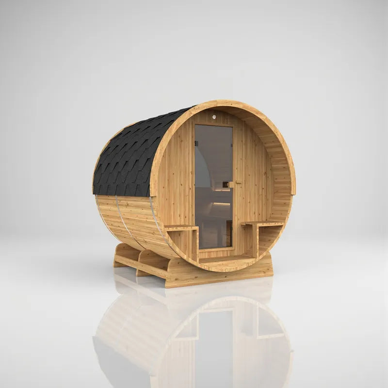 Hekla Fass 210/250 Fasssauna für 4-6 Personen mit Holzfass-Design und schwarzem Dach