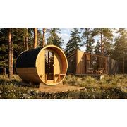 Hekla Fass 210/250 Fasssauna für 4-6 Personen im Garten zwischen Bäumen aufgestellt
