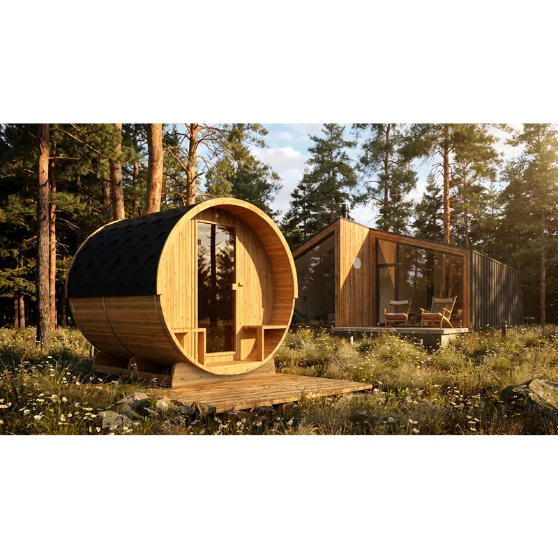 Hekla Fass 210/250 Fasssauna für 4-6 Personen im Garten zwischen Bäumen aufgestellt