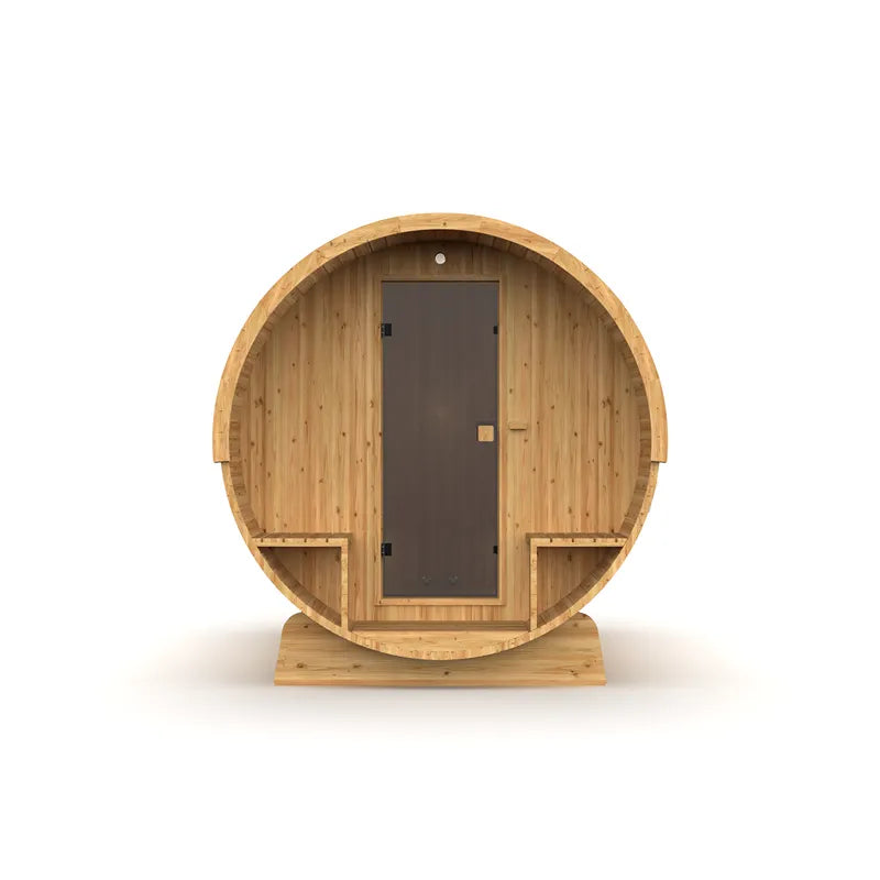 Hekla Fass 210/250 Fasssauna für 4-6 Personen - runde Holzfass-Sauna mit dunkler Tür