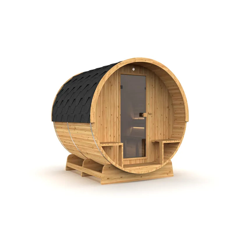 Hekla Fass 210/250 Fasssauna für 4-6 Personen mit Holzfassade und schwarzem Dach