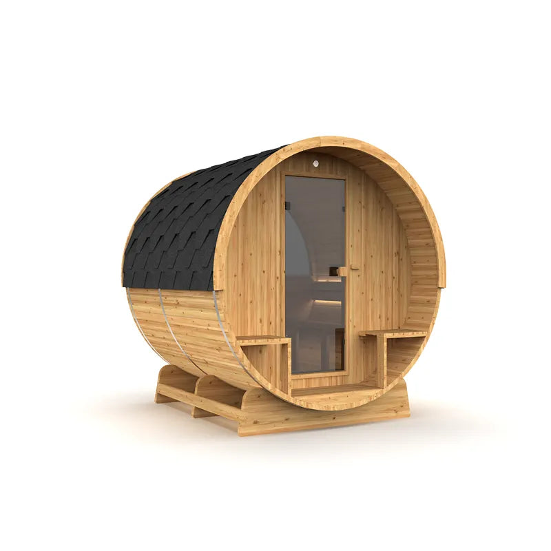 Hekla Fass 210/250 Fasssauna aus Holz mit schwarzem Dach für 4-6 Personen