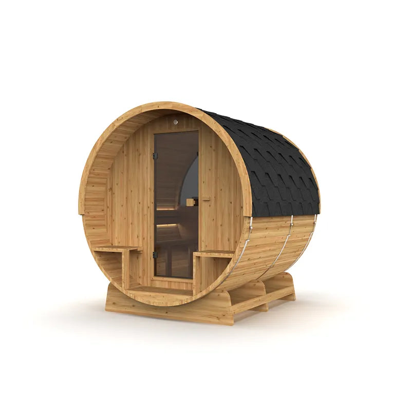 Hekla Fass 210/250 Fasssauna für 4-6 Personen mit Holzfassade und schwarzem Dach