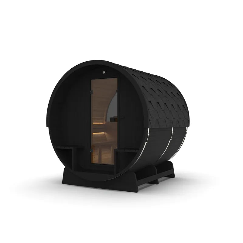 Hekla Fass 210/250 Fasssauna für 4-6 Personen mit schwarzem Holzfass-Design, offene Tür mit Innenbeleuchtung