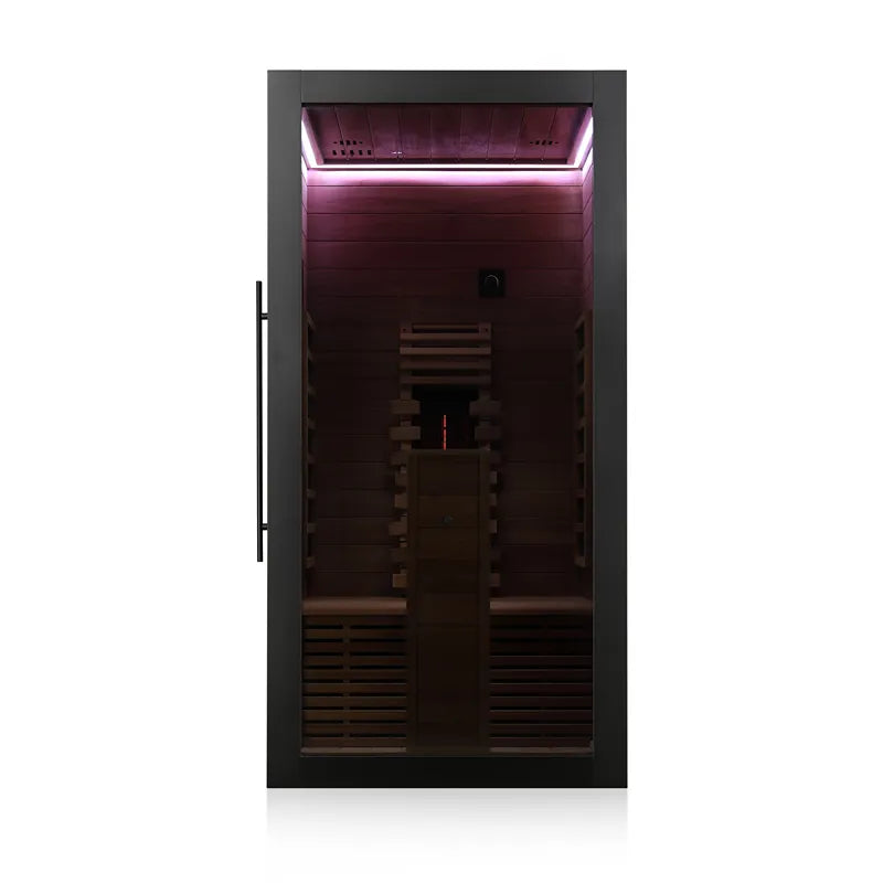 Hekla IR 100 Infrarotsauna 100x120 für 1 Person mit schwarzem Rahmen und violetter LED-Beleuchtung