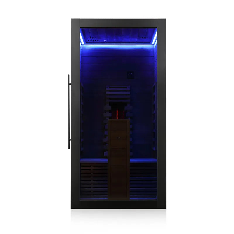 Hekla IR 100 Infrarotsauna 100x120 mit blauer LED-Beleuchtung, schwarzer Rahmen, für 1 Person