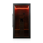 Hekla IR 100 Infrarotsauna 100x120 mit schwarzem Rahmen, rotem Infrarotlicht und Holzbank für 1 Person
