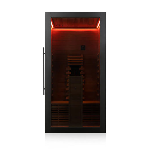 Hekla IR 100 Infrarotsauna 100x120 mit schwarzem Rahmen, rotem Infrarotlicht und Holzbank für 1 Person