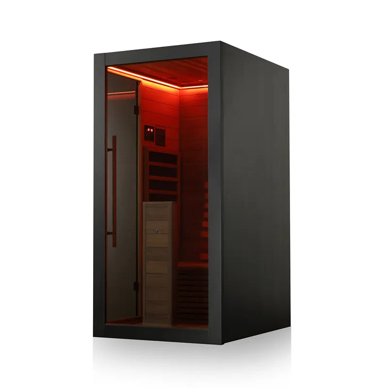 Hekla IR 100 Infrarotsauna 100x120 für 1 Person mit schwarzem Rahmen und roter Infrarotstrahlung