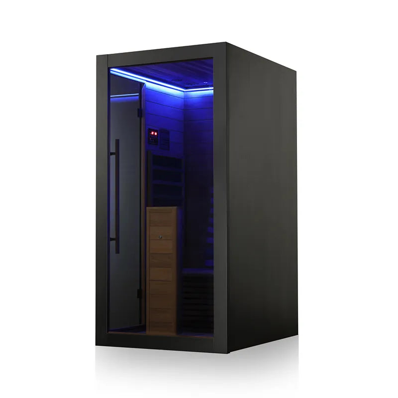 Hekla IR 100 Infrarotsauna 100x120 für 1 Person mit schwarzem Rahmen und blauer LED-Beleuchtung