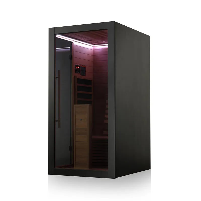 Hekla IR 100 Infrarotsauna 100x120 für 1 Person mit schwarzem Rahmen, rotem Innenraum und LED-Beleuchtung