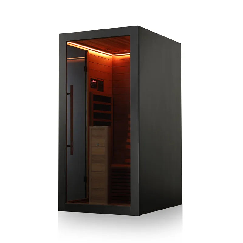 Hekla IR 100 Infrarotsauna 100x120 für 1 Person mit schwarzem Rahmen und infraroter Wärmestrahlung