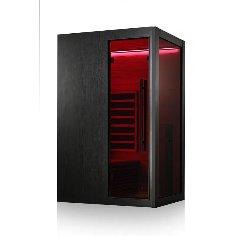 Hekla IR 100 Infrarotsauna 100x120 für 1 Person mit schwarzem Rahmen und rotem Infrarotlicht