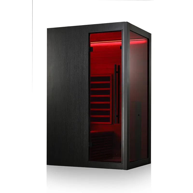Hekla IR 100 Infrarotsauna 100x120 für 1 Person mit schwarzem Rahmen und roter Infrarotstrahlung im Innenraum