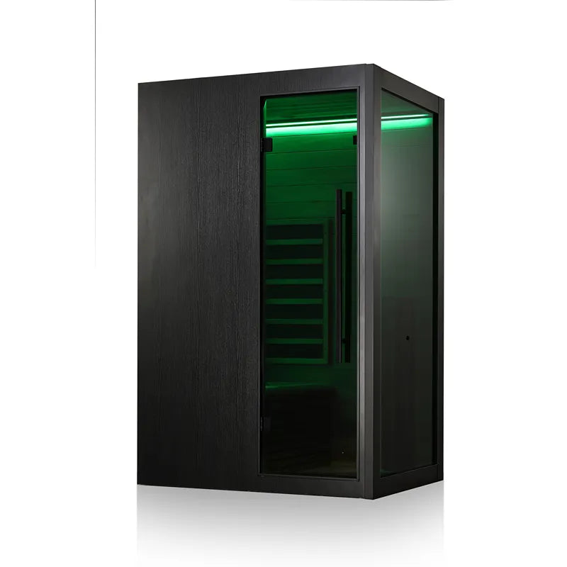 Hekla IR 100 Infrarotsauna 100x120 für 1 Person mit schwarzem Holzrahmen und grüner LED-Beleuchtung