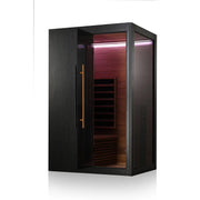 Hekla IR 100 Infrarotsauna 100x120 mit schwarzem Rahmen, rötlich-braunem Holzinneren und violetter LED-Beleuchtung für 1 Person