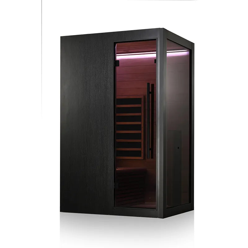 Hekla IR 100 Infrarotsauna 100x120 für 1 Person mit schwarzem Holzrahmen und rotem Innenraum