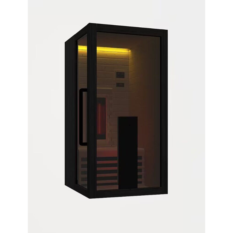 Frontansicht der Hekla IR 100 Infrarotsauna für 1 Person mit schwarzer Glasfront und stimmungsvoller LED-Beleuchtung