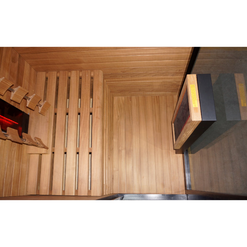 Innenraum der Hekla IR 100 Infrarotsauna mit ergonomischer Rückenlehne, Holzbank und Infrarotstrahler – Detailansicht von oben