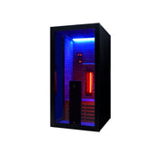 Hekla IR 100 Infrarotsauna mit intensiver blauer LED-Beleuchtung und leuchtend rotem Infrarotstrahler – kompakte Wellnesskabine