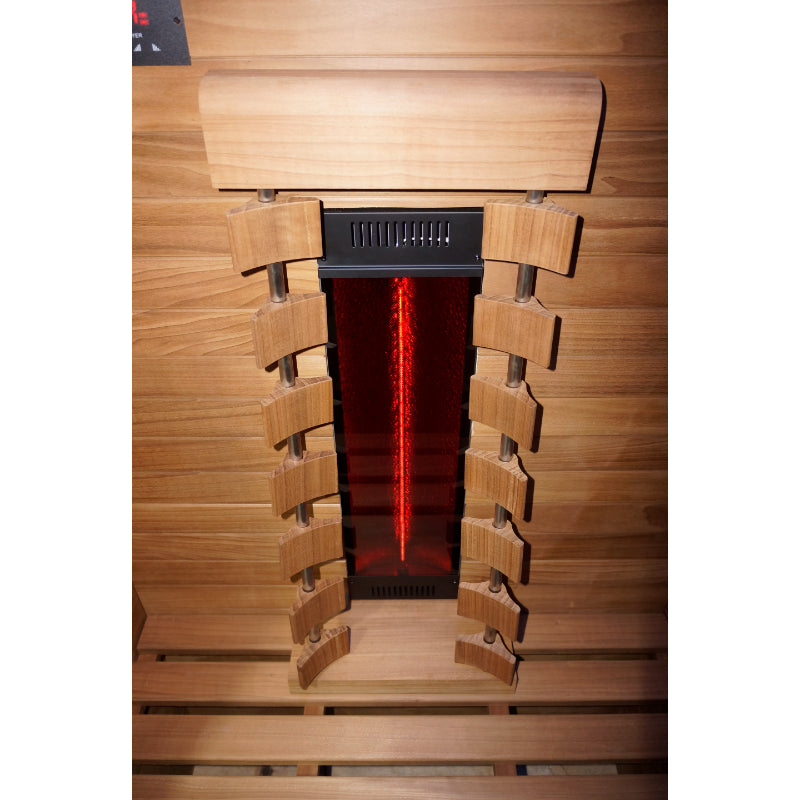 Rückenstrahler der Hekla IR 100 Infrarotsauna mit ergonomischem Holzschutz und tiefenrotem Halogen-Infrarotlicht