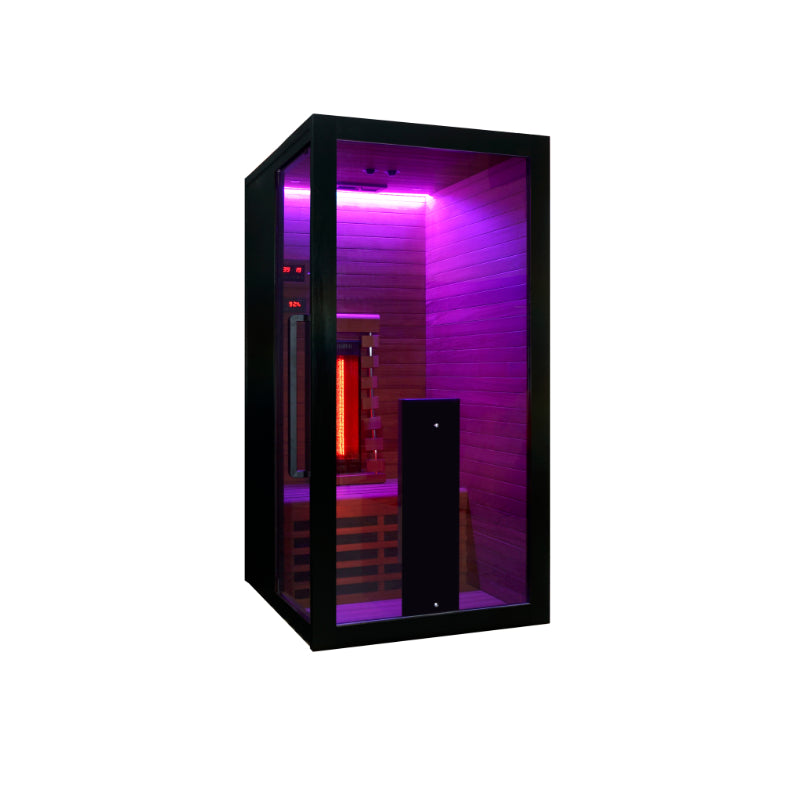 Hekla IR 100 Infrarotsauna mit violetter LED-Lichtstimmung und rotem Infrarotstrahler – kompakte Wellnesskabine für 1 Person