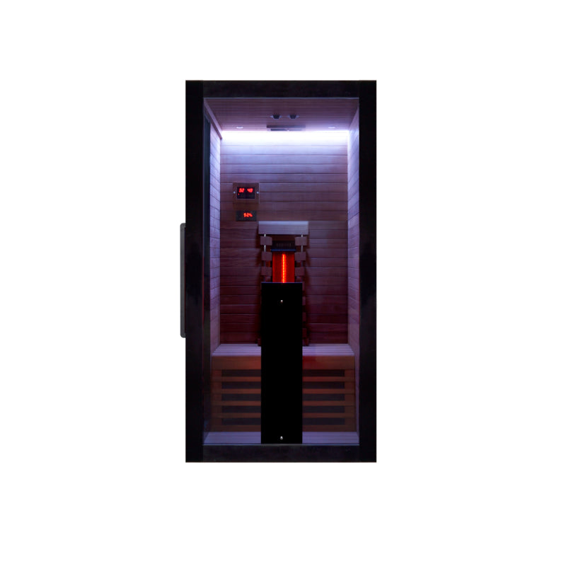 Hekla IR 100 Infrarotsauna mit weißer LED-Beleuchtung, Frontansicht mit Infrarotstrahler und ergonomischer Rückenlehne