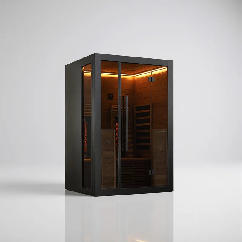 Hekla IR 130 Infrarotsauna 130x120 für 2 Personen mit schwarzem Rahmen, Glastüren und Holzinnenausstattung