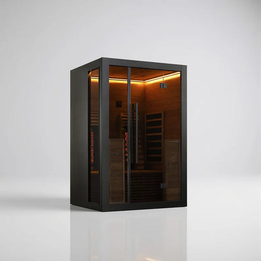 Hekla IR 130 Infrarotsauna 130x120 für 2 Personen mit schwarzem Rahmen, Glastüren und Holzinnenausstattung