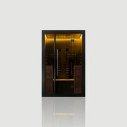 Hekla IR 130 Infrarotsauna 130x120 für 2 Personen mit schwarzem Rahmen, Glastür und goldener LED-Beleuchtung